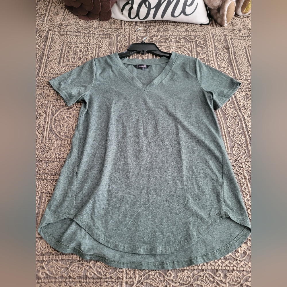 Amaryllis Dark Heather Green Basic V-Neck Top | Size Small | Like New
